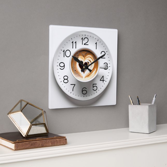Herz Cappuccino im Weißen Cup Quadratische Wanduhr (Büro)