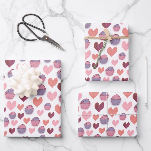 Herz, Cupcakes-Muster Geschenkpapier Set (Vorderseite)