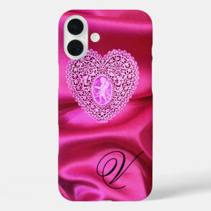 HERZ CUPID SPITZE SEIDE ROSA FUCHSIA STOFF MONOGRA iPhone 16 PLUS HÜLLE