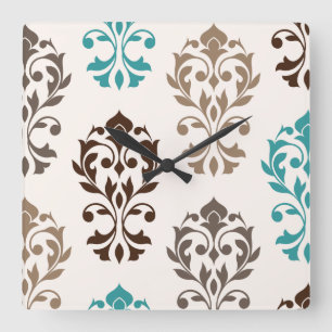 Herz-Damask-Kunst I Braun-Türkis-Kreide Quadratische Wanduhr