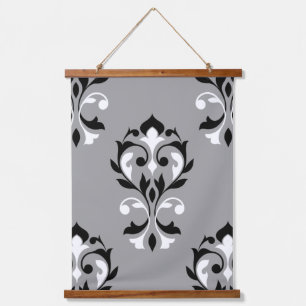 Herz Damask Lg Muster I Schwarz+Weiß auf Grau Wandteppich Mit Holzrahmen