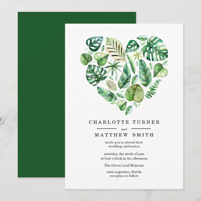 Herz der tropischen Foliage Hochzeit Einladung (Vorne/Hinten)
