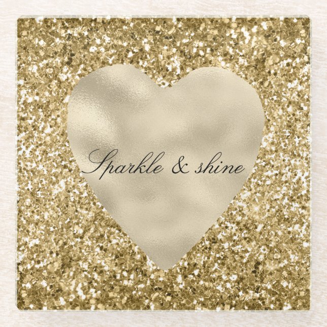 Herz des Goldenen Glitzer Personalisiert Glasuntersetzer (Vorderseite)