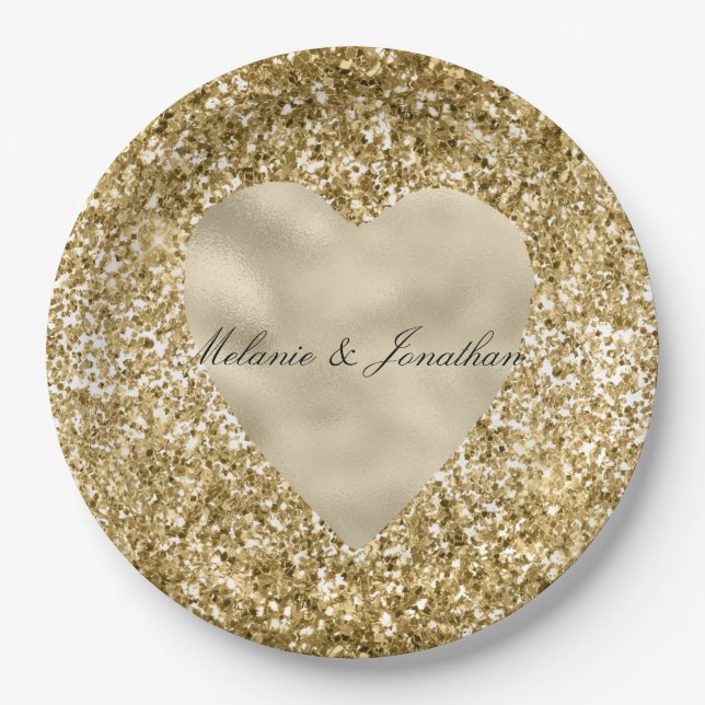 Herz des Goldenen Glitzer Personalisiert Pappteller (Vorderseite)