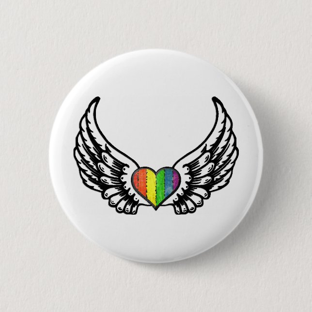 Herz des Regenbogen-Stolz-GLBT mit Flügeln Button (Vorderseite)