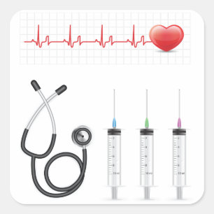 Herz-EKG-Monitor mit Stethoskop und Spritzen Quadratischer Aufkleber