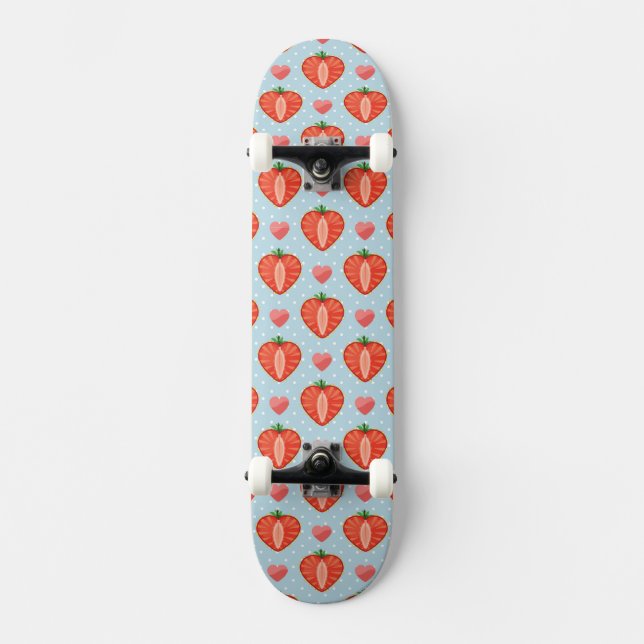 Herz-Erdbeeren mit Tupfen und Herzen Skateboard (Vorderseite)