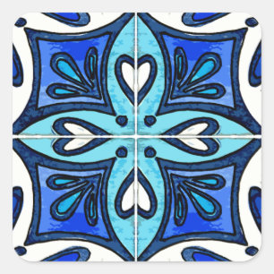Herz-Fliesen inspiriert durch Portugiese Azulejos Quadratischer Aufkleber