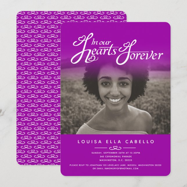 Herz Foto rosa lila Beerdigung lädt ein Einladung (Vorne/Hinten)