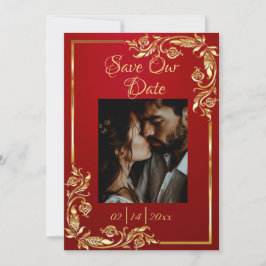 Herz, Foto und Goldrahmen auf Crimson Save The Date