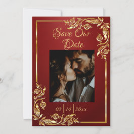 Herz, Foto und Goldrahmen auf Ruby Red Save The Date