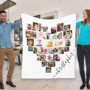 Herz-Fotocollage mit Schriftzug Weiß Fleecedecke