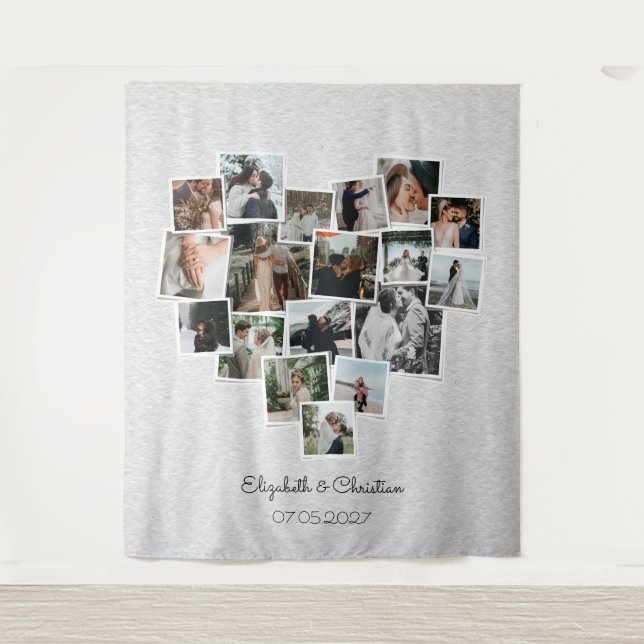 Herz geformt Foto Collage Romantische Hochzeit Wandteppich (Vorderseite)