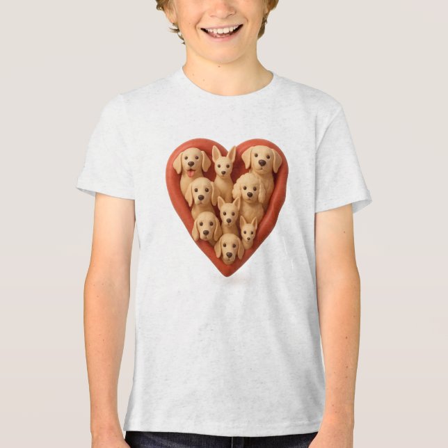 Herz gefüllt mit Hunden - 3D Hund Lover Herzdesign Tri-Blend Shirt (Vorderseite)
