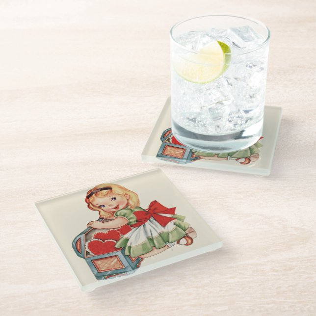 Herz Girl Child Retro Niedliche Kinder Glasuntersetzer (Schrägansicht)