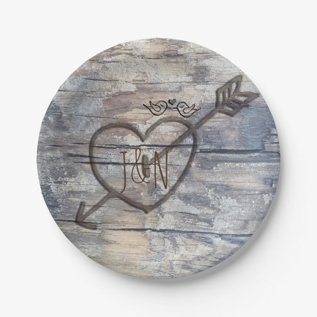 Herz in Holz liebende Vögel Hochzeitsempfang Pappteller (Vorderseite)