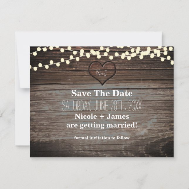 Herz in Holz- und Strandleuchten Save the Date (Vorderseite)