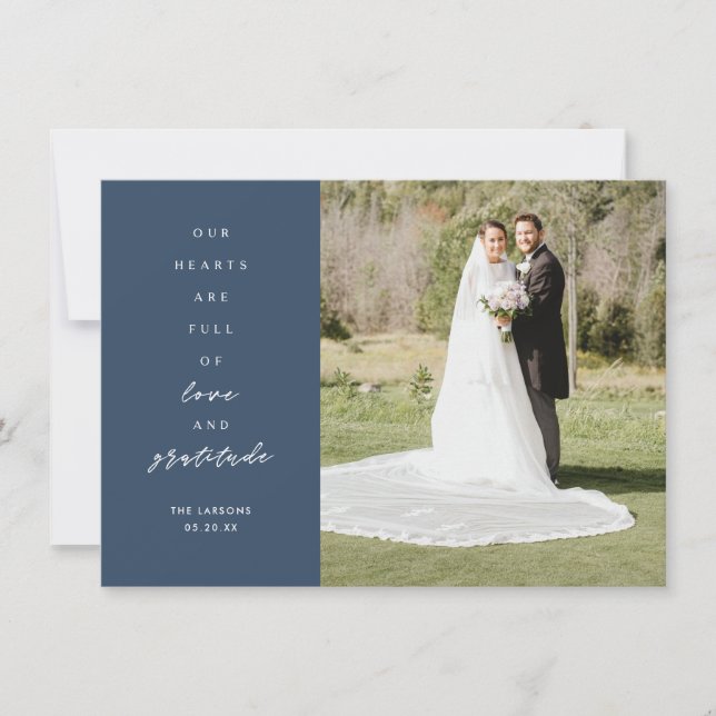 Herz ist Vollblut zwei Foto Blue Wedding Dankeskarte (Vorderseite)
