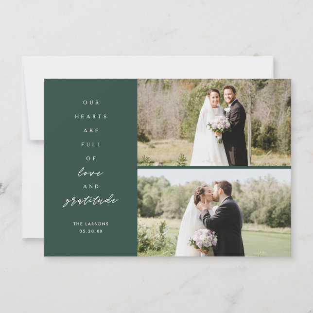 Herz ist volle Drei-Foto-Grüne Hochzeit Dankeskarte (Vorderseite)