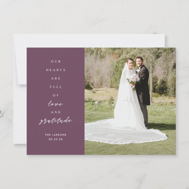 Herz ist volle zwei Foto Lila Hochzeit Dankeskarte (Vorderseite)