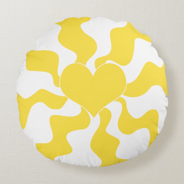 Herz - Lemon Gelb und Weiß Rundes Kissen (Vorderseite)