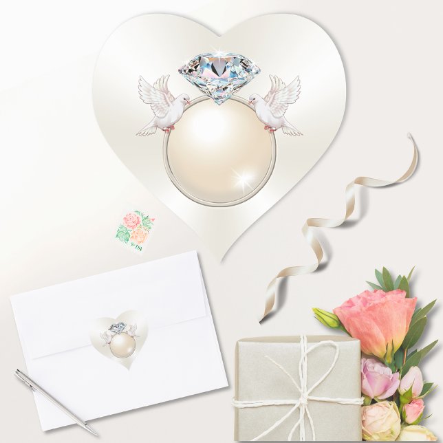 Herz, liebende Vogelhafter, Diamantklingeln Herz-Aufkleber (Elegant, wedding envelope stickers. Heart Shaped Stickers for Envelopes, Favor Stickers, Decoration.)