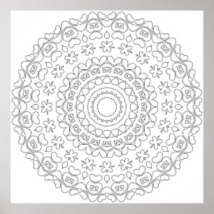 Herz-Mandala-Malvorlage mit Blumenmuster Poster