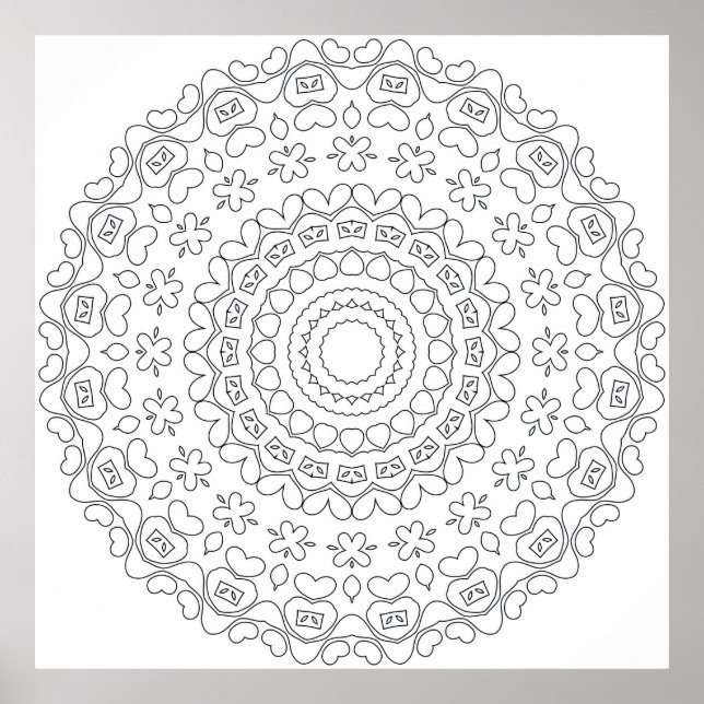 Herz-Mandala-Malvorlage mit Blumenmuster Poster (Vorne)