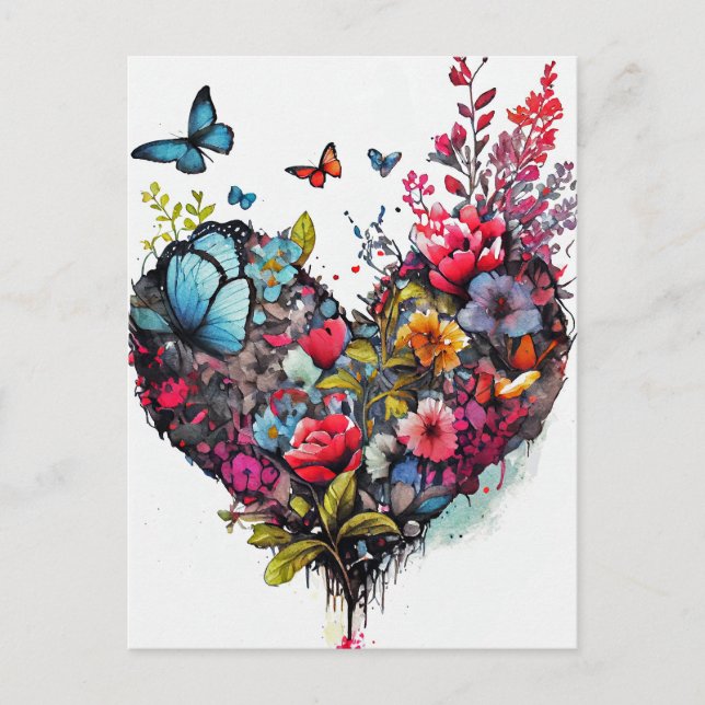 Herz mit Aquarell-Blume und Schmetterlingskarte Postkarte (Vorderseite)