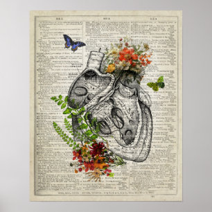 Herz mit Blume Anatomische Wörterbuchkunst Poster