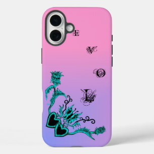 Herz mit Blume und Schmetterling auf rosa Regenbog iPhone 16 Plus Hülle