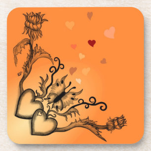 Herz mit Blume und Schmetterling im Tattoo-Stil Untersetzer