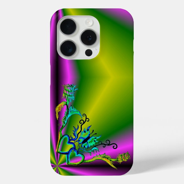 Herz mit Blume und Schmetterling iPhone 15 Pro Hülle (Rückseite)
