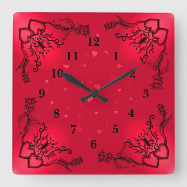 Herz mit Blume und Schmetterling Quadratische Wanduhr (Vorderseite)