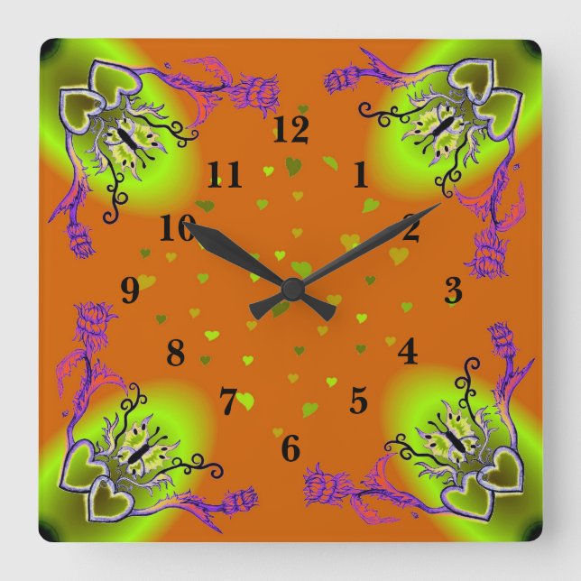 Herz mit Blume und Schmetterling Quadratische Wanduhr (Vorderseite)