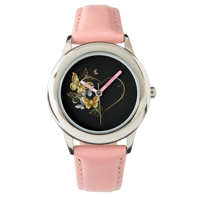 Herz mit goldenen Schmetterlingen Armbanduhr (Vorderseite)