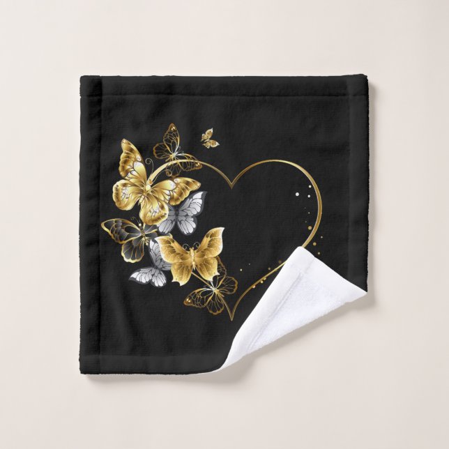 Herz mit goldenen Schmetterlingen Badhandtuch Set (Waschlappen)