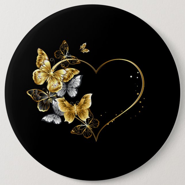 Herz mit goldenen Schmetterlingen Button (Vorderseite)