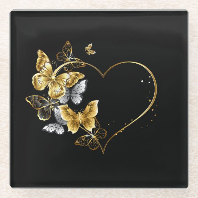 Herz mit goldenen Schmetterlingen Glasuntersetzer (Vorderseite)