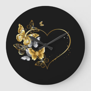 Herz mit goldenen Schmetterlingen Große Wanduhr