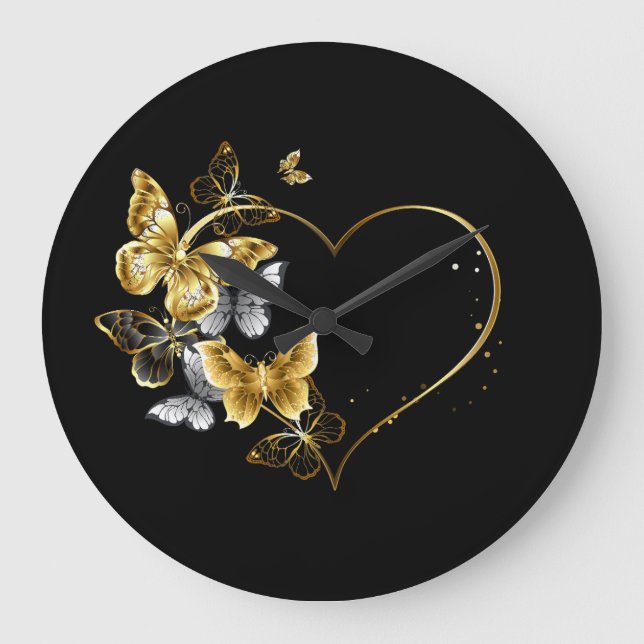 Herz mit goldenen Schmetterlingen Große Wanduhr (Vorderseite)