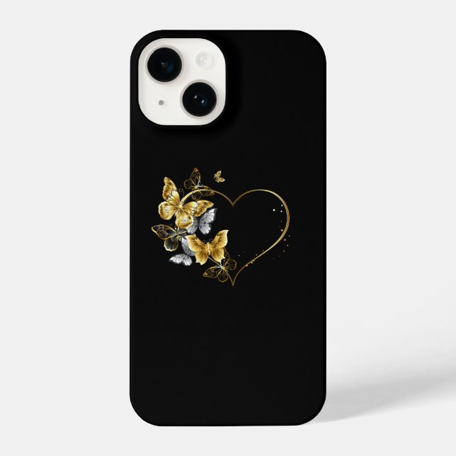 Herz mit goldenen Schmetterlingen iPhone 14 Hülle (Rückseite)