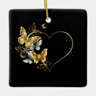 Herz mit goldenen Schmetterlingen Keramikornament