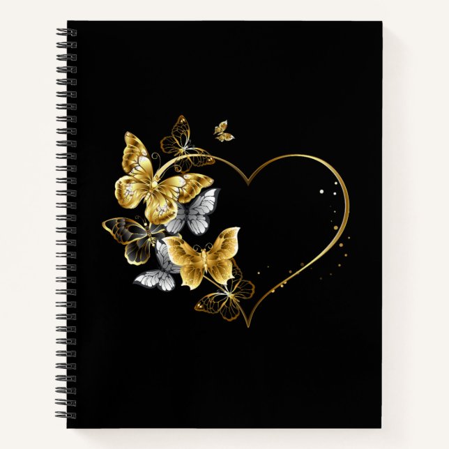 Herz mit goldenen Schmetterlingen Notizbuch (Vorderseite)