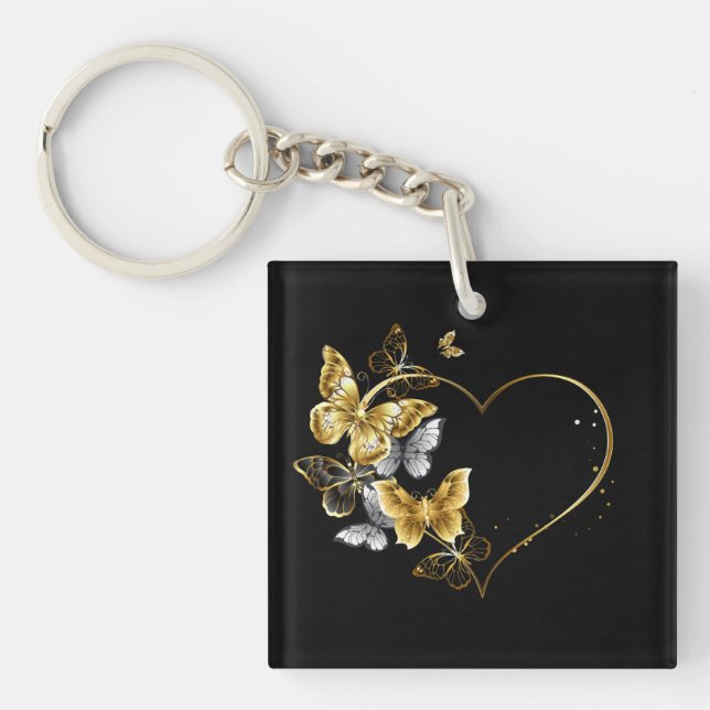 Herz mit goldenen Schmetterlingen Schlüsselanhänger (Vorderseite)