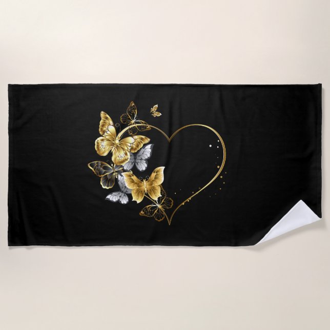 Herz mit goldenen Schmetterlingen Strandtuch (Vorderseite)