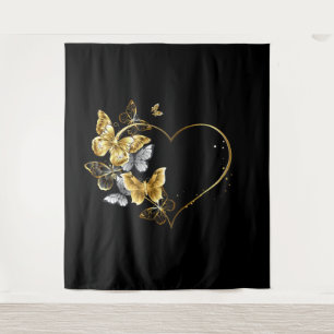 Herz mit goldenen Schmetterlingen Wandteppich