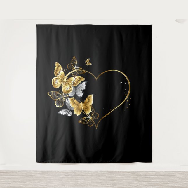 Herz mit goldenen Schmetterlingen Wandteppich (Vorderseite)