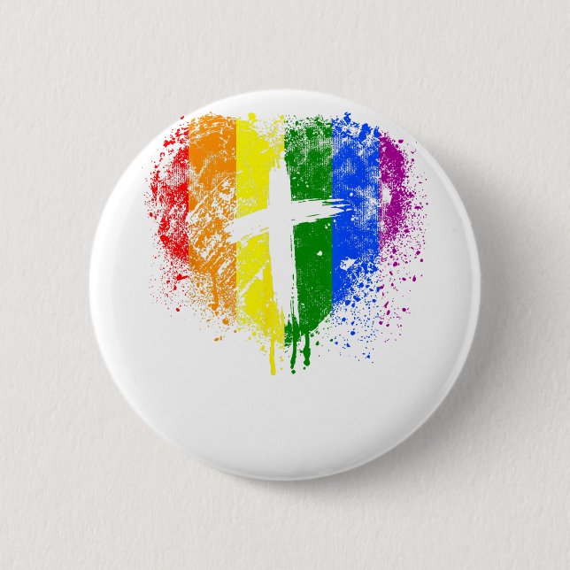 Herz mit Kreuz, Gay Pride, christlich religiös Button (Vorderseite)