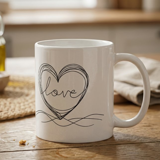 Herz mit "Liebe" in Continuous Line Art Kaffeetasse (Heart with Love Continuous Line Art Design. Coffee Mug)